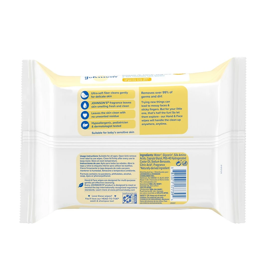 Johnson & Johnson Johnson’s Baby Hand & Face Wipes, 25 Count (2070216) 4 Johnson & Johnson Johnson’s Baby Hand & Face Wipes, 25 Count (2070216) - Image 2