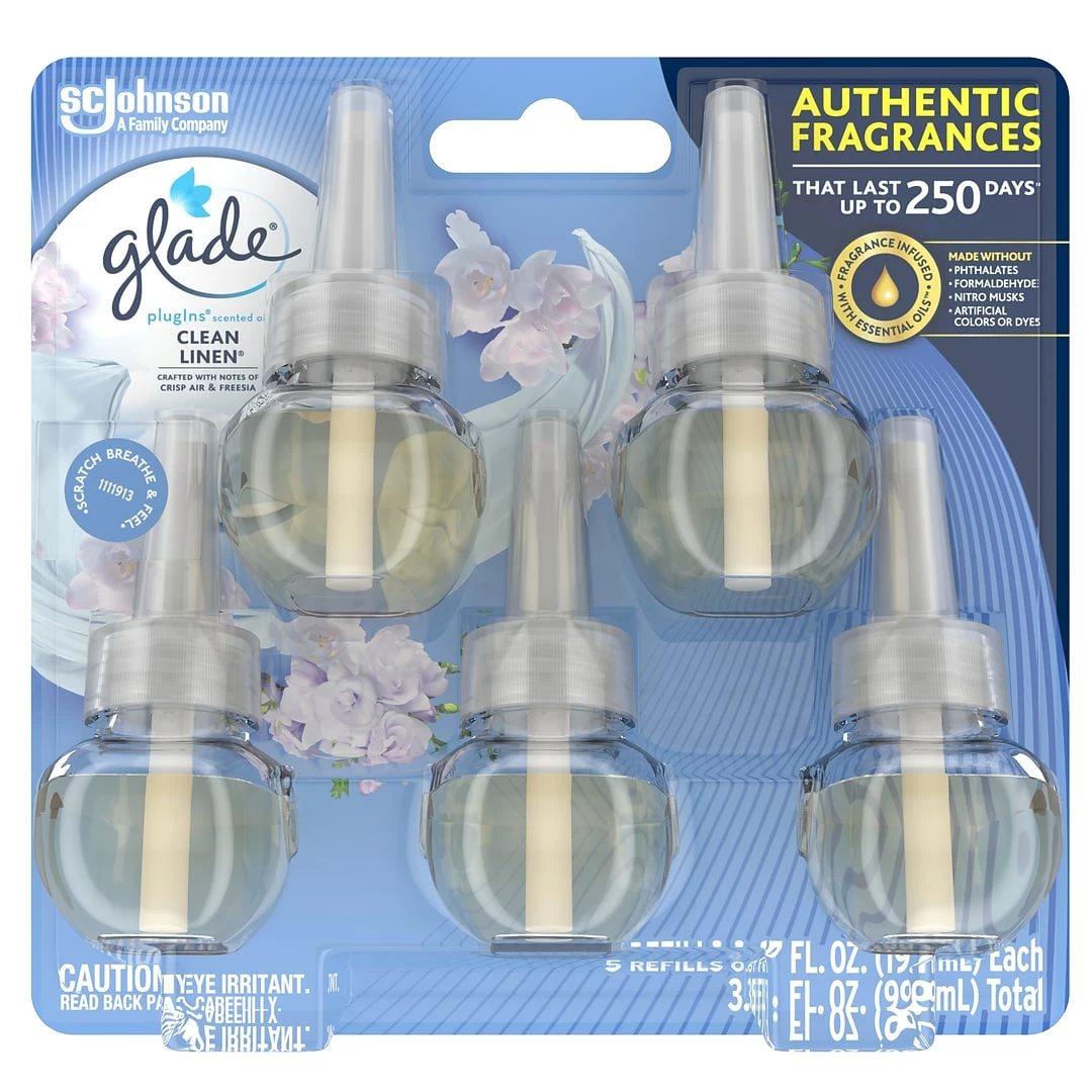 Glade PlugIns Scented Oil Refill, Clean Linen, 0.67 Oz., 5/Pack (315182) 3 Glade PlugIns Scented Oil Refill, Clean Linen, 0.67 Oz., 5/Pack (315182)