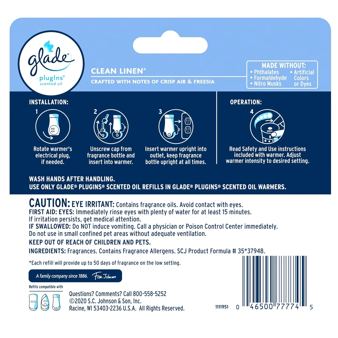 Glade PlugIns Scented Oil Refill, Clean Linen, 0.67 Oz., 5/Pack (315182) 4 Glade PlugIns Scented Oil Refill, Clean Linen, 0.67 Oz., 5/Pack (315182) - Image 2
